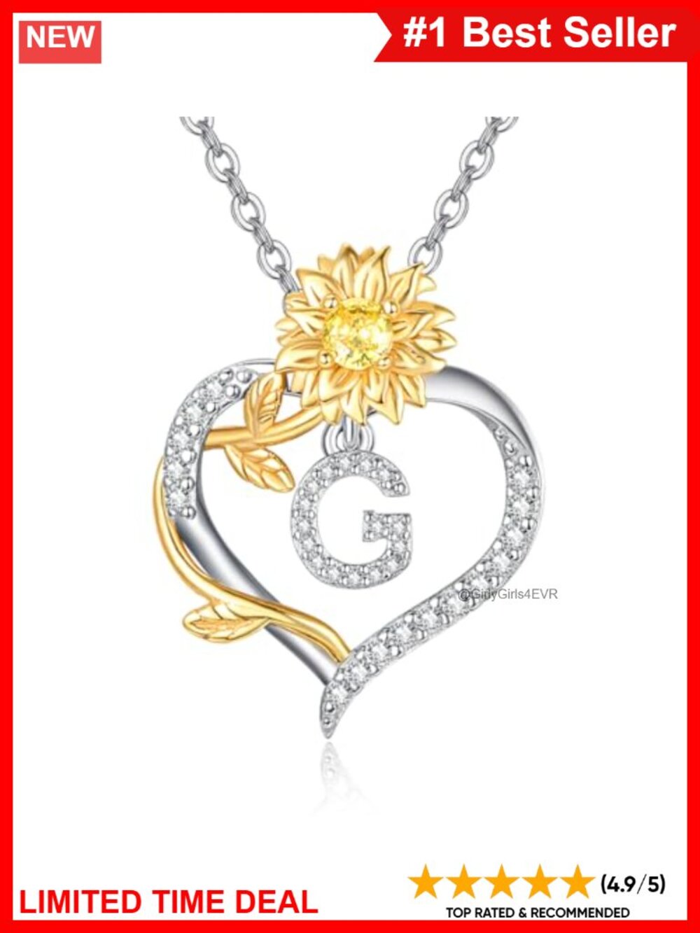 Gold Plated Sterling Silver Sunflower Initial Pendant Necklace with Heart